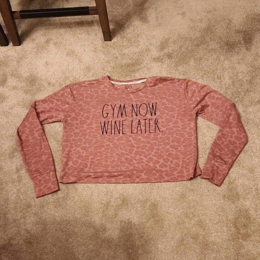 Rae Dunn "Gym Now Wine Later" Pink Open Back Crop Long Sleeve Shirt Size M